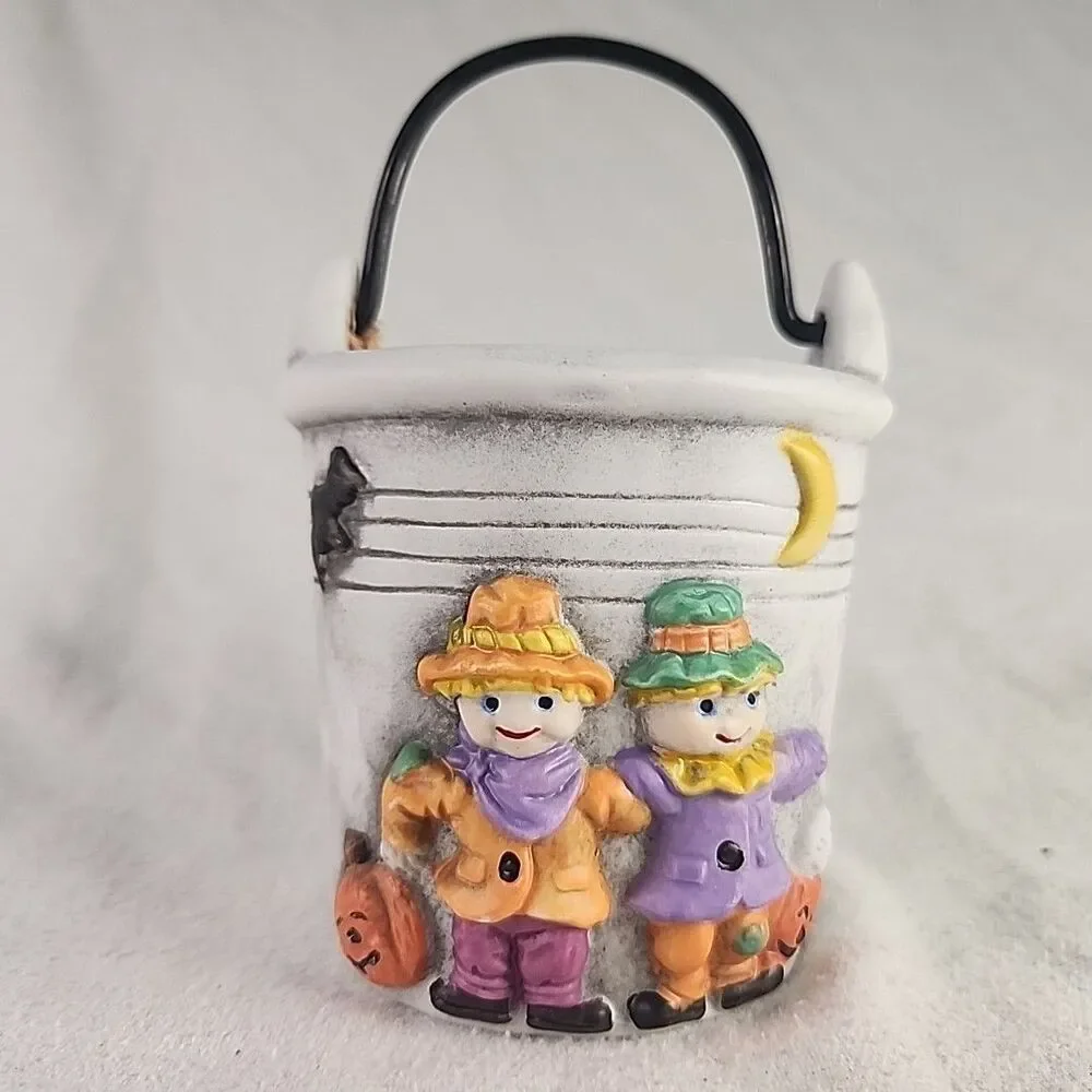 Bucket Ceramic Pail Fall Halloween Scarecrows and Pumpkins Unmarked Vintage